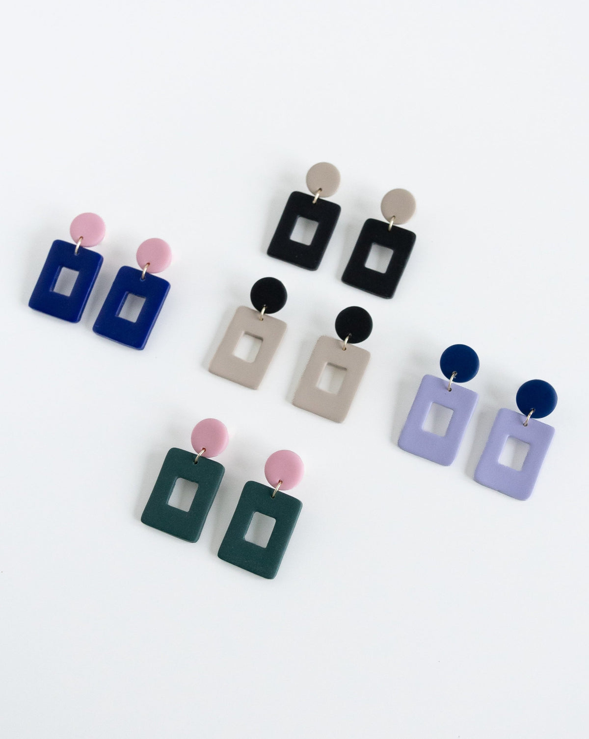 The collection of Muna earrings in different color of Hue Blue, Beige, Black, Pine and Lilac.