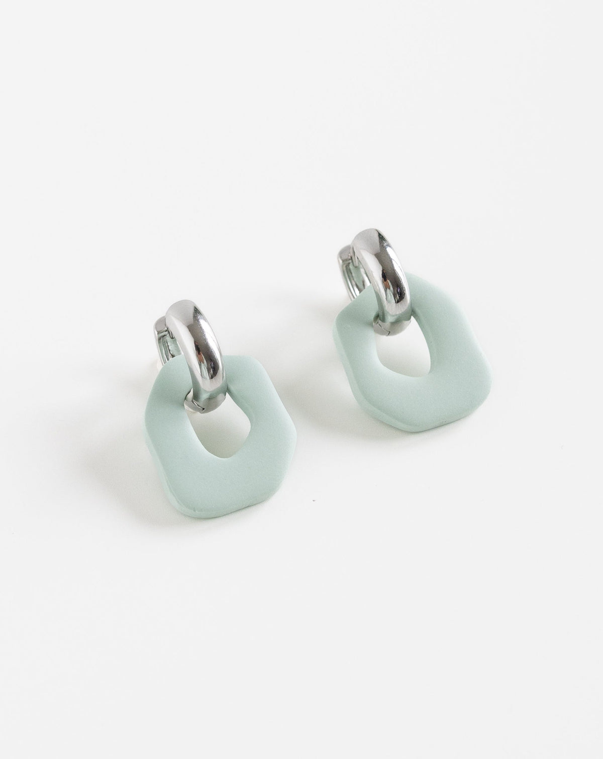 Darien earrings in Sage color with silver hoops, side view