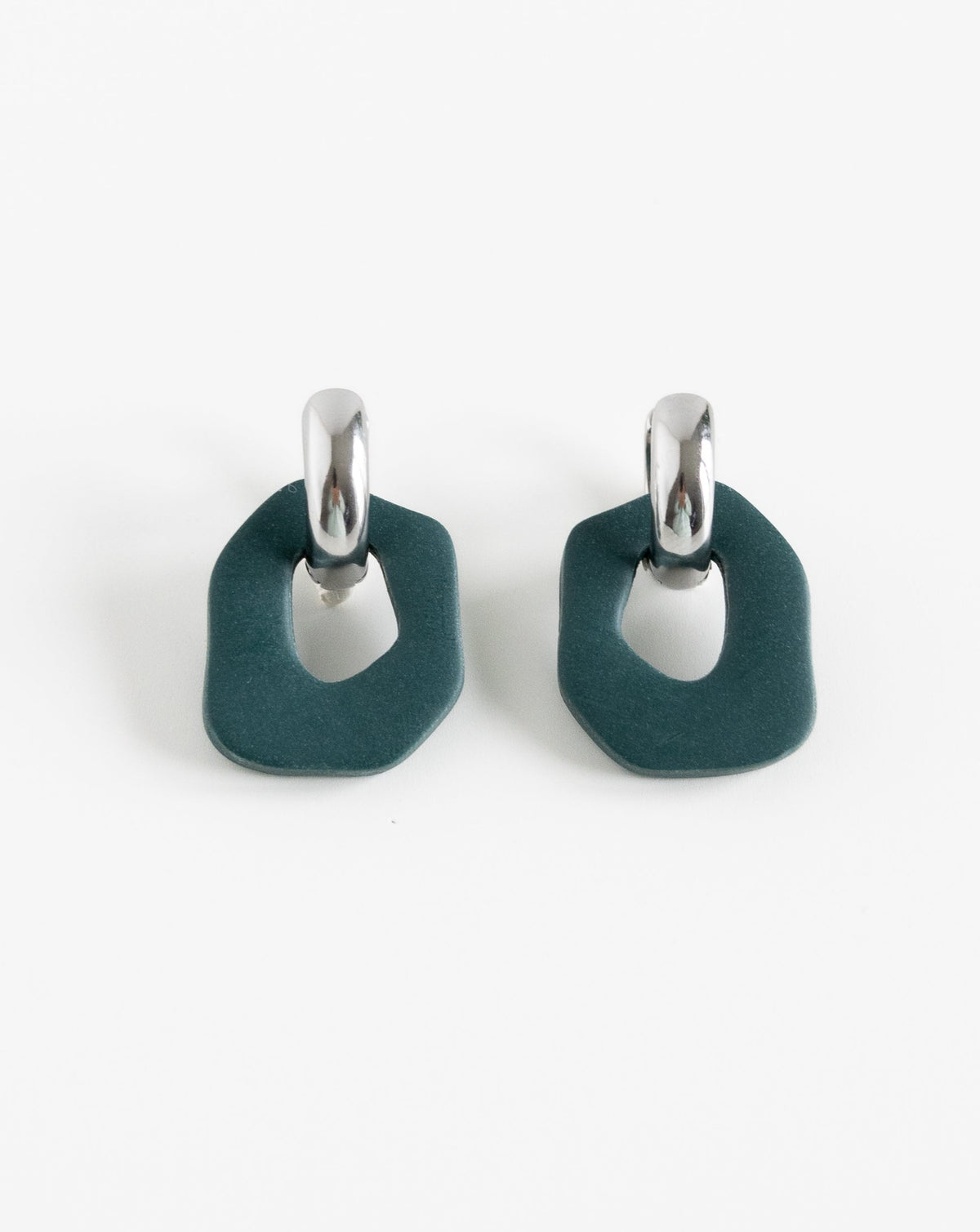 Darien earrings in Pine color with silver hoops, front view