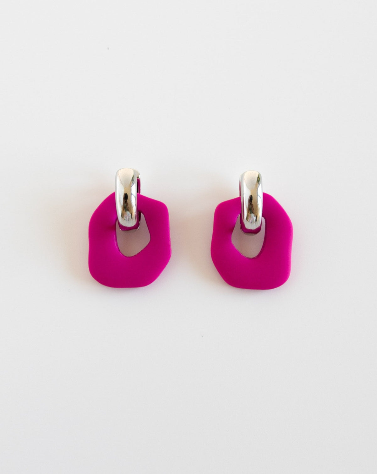 Darien earrings in Fuchsia color with silver hoops, front view