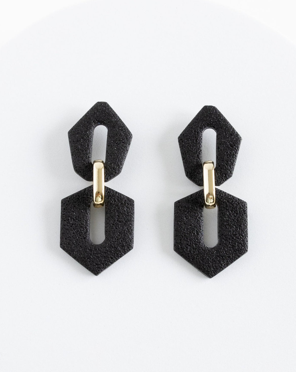 LYHO exclusive design, Shilla earrings in black, front view.