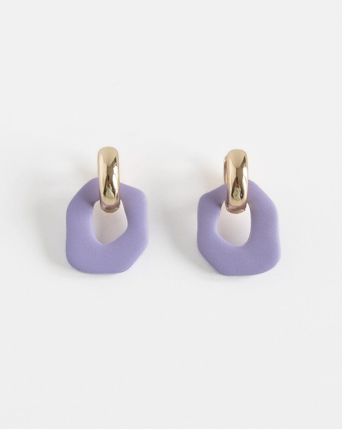 Darien earrings in Lilac color with gold hoops, front view