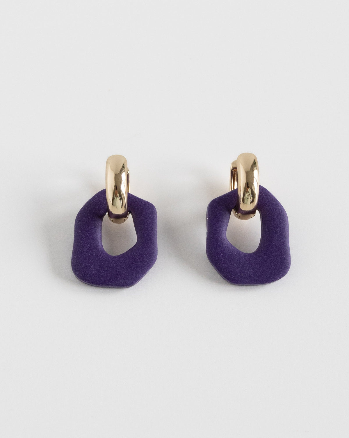 Darien earrings in Purple color with gold hoops, front view