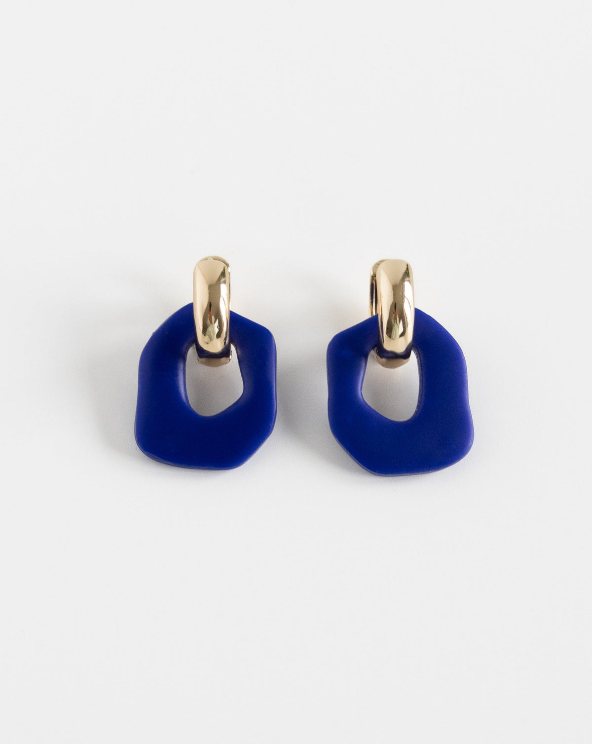Darien earrings in Hue Blue color with gold hoops, front view