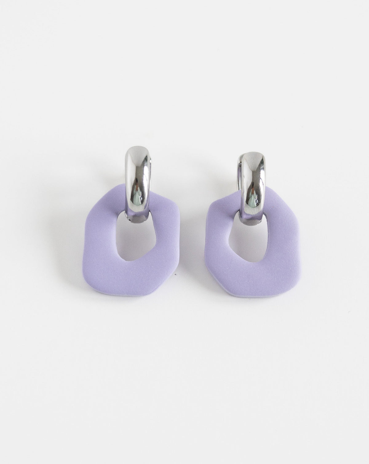 Darien earrings in Lilac color with silver hoops, front view