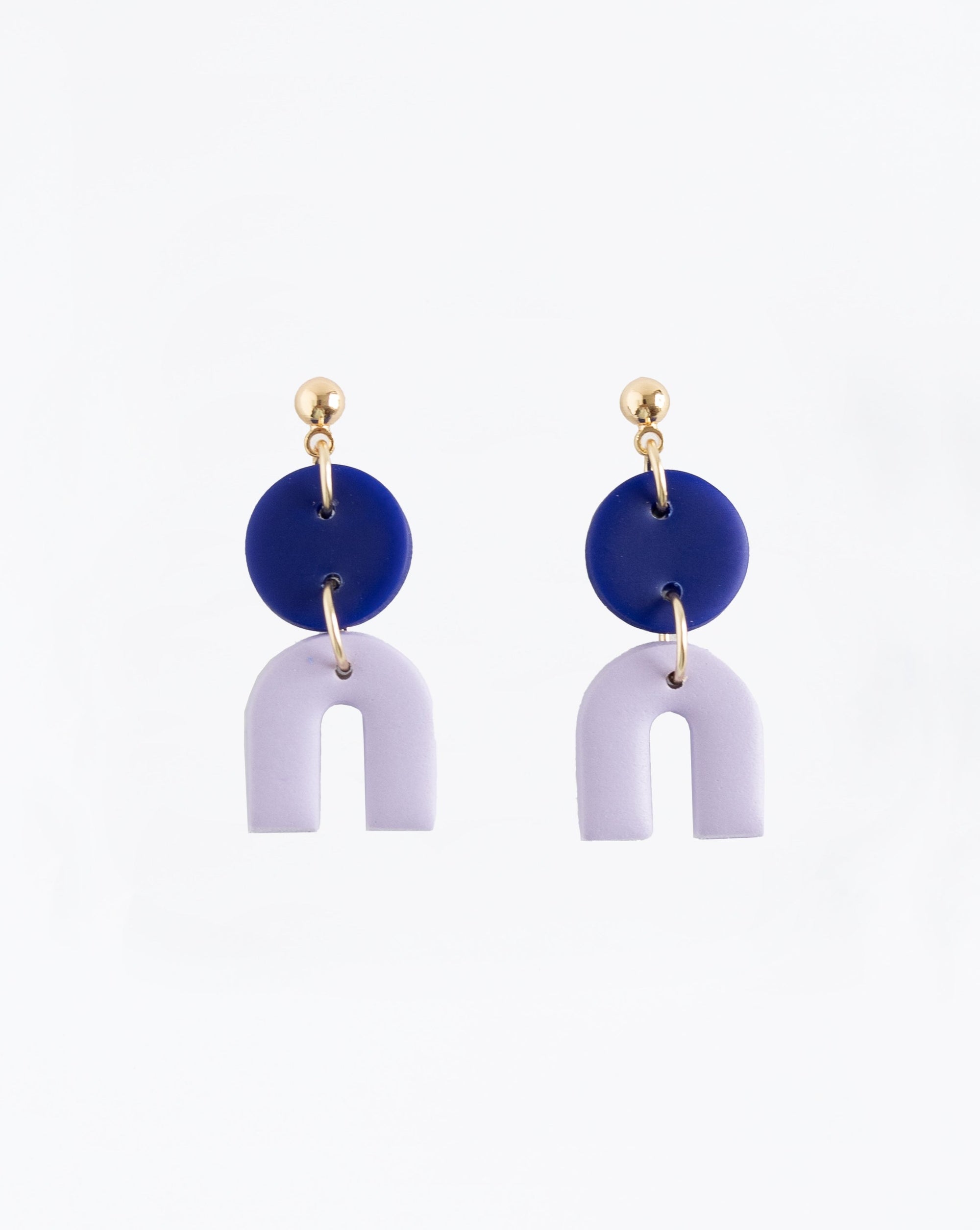 Tiny Arch earrings in two part of Hue Blue and lilac  clay parts with Gold plated Ball studs.