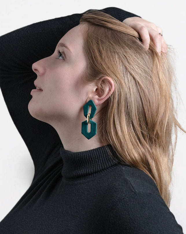 LYHO exclusive design, Shilla earrings in Pine color, on model